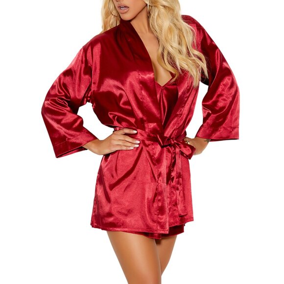 🔥 NEW Burgundy Satin Charmeuse Kimono Robe Silky Wrap - Picture 3 of 6